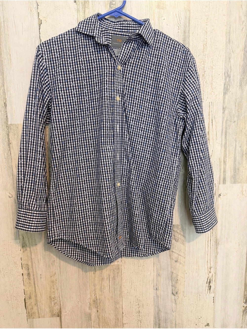 Thomas Dean Boys 10/12 M Gingham Check Dot Button Down Long Sleeve Dress Shirt